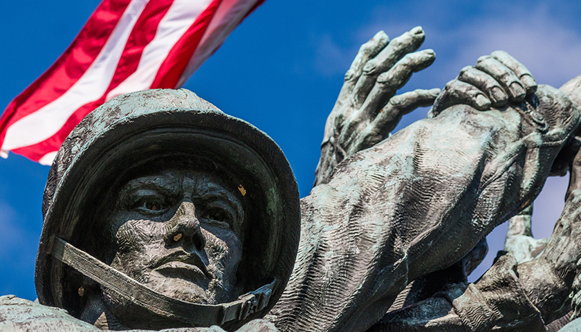 Close-up of one of a marine's face at the Marine Corps War Memorial.