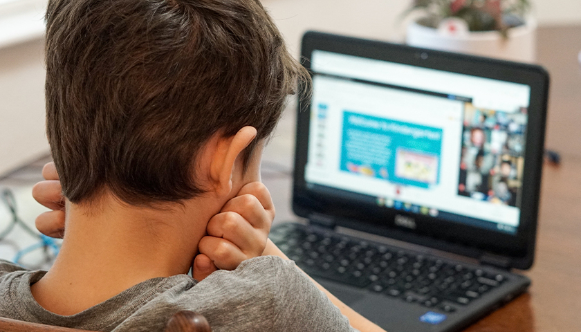 Boy in gray shirt on laptop at home
