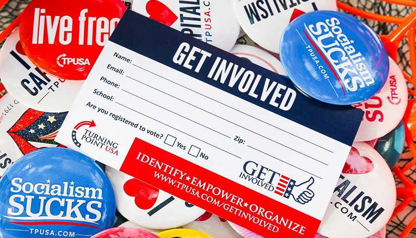 Assortment of conservative buttons with a "Get Involved" Turning Point USA fillout