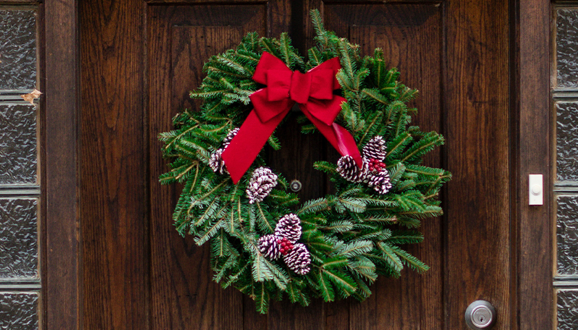 Christmas wreath on an oak door