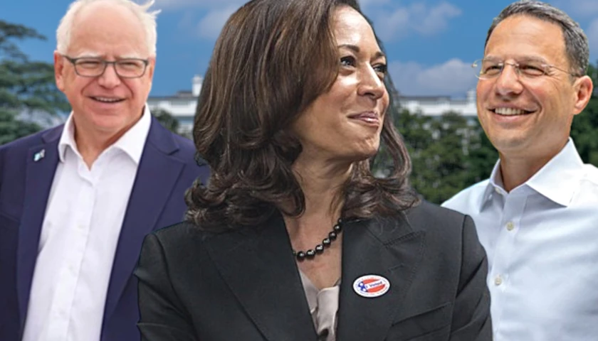 Kamala Harris, Josh Shapiro, and Tim Walz in front of The White House (composite image)