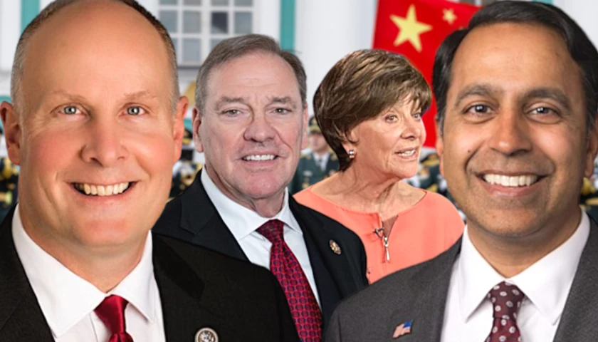 Reps. John Moolenar, Neal Dunn, Anna Eshoo, Raja Krishnamoorthi in front of the Chinese Military (composite image)